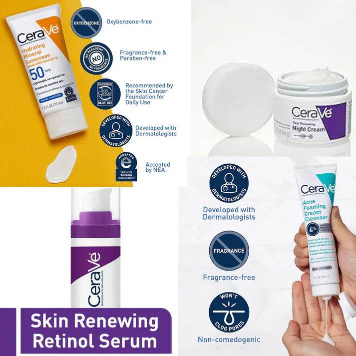 CeraVe 4-in-1 Skincare Kit: Night Cream, Sunblock, Cleanser & Serum - Vora